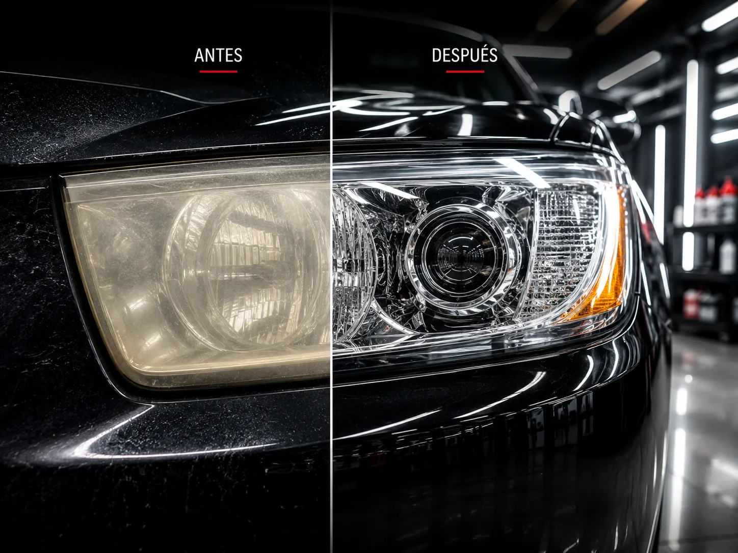 Restauración y limpieza de faros de coche, antes y después, en Valencia
