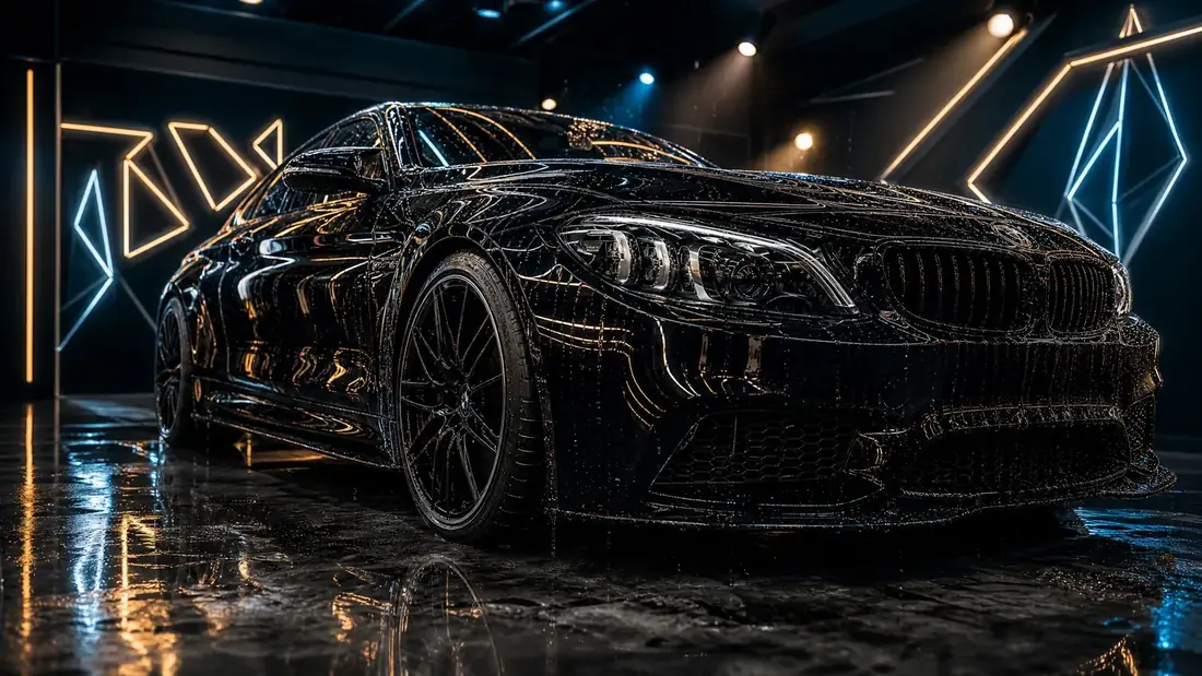Coche deportivo negro con acabado tipo espejo tras detailing premium